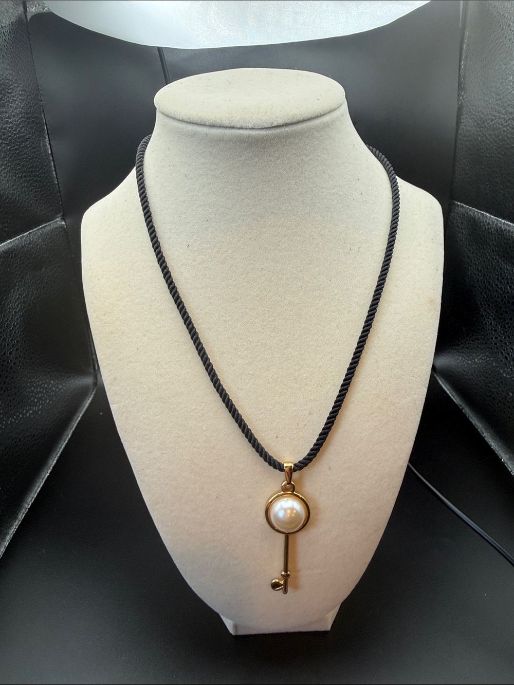 Gold Key Pearl Pendant Necklace on Black Rope